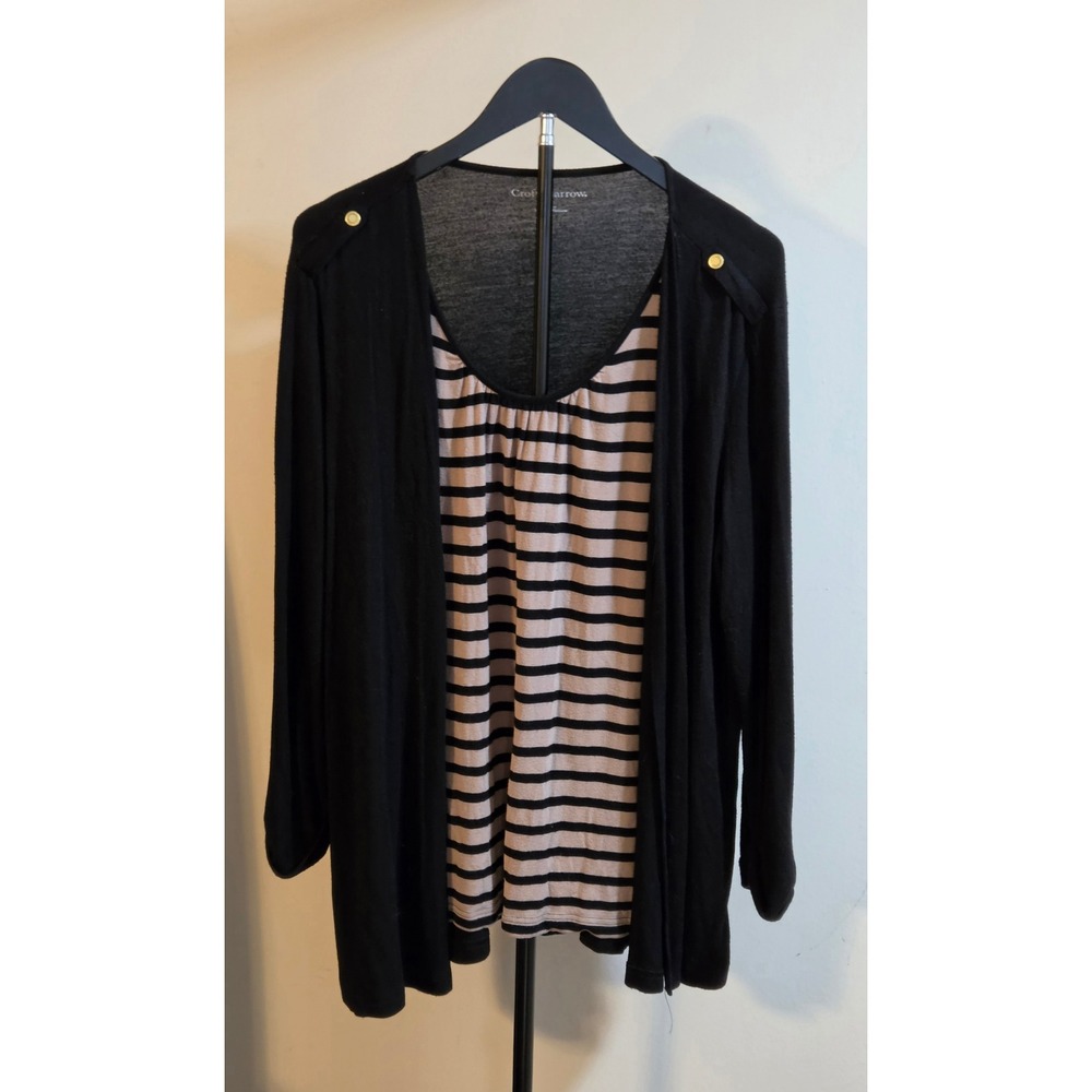 Croft & Barrow Striped 2 In 1 Cardigan Shirt Women's XL Black Tan Spandex Blend